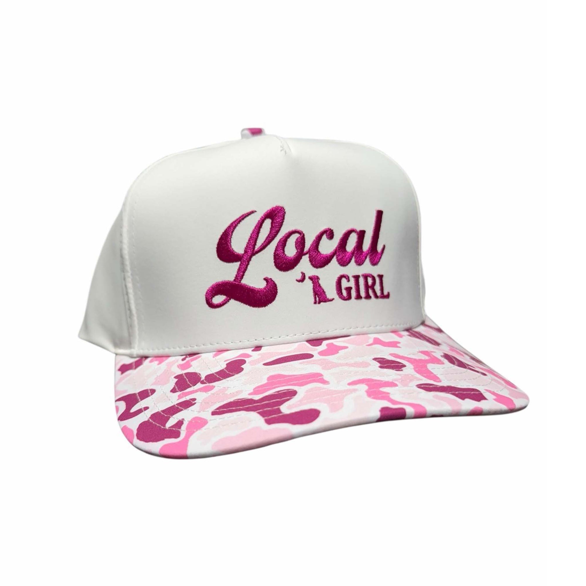 Local Girl Outfitters White Retro Script hat with pink and white camo bill