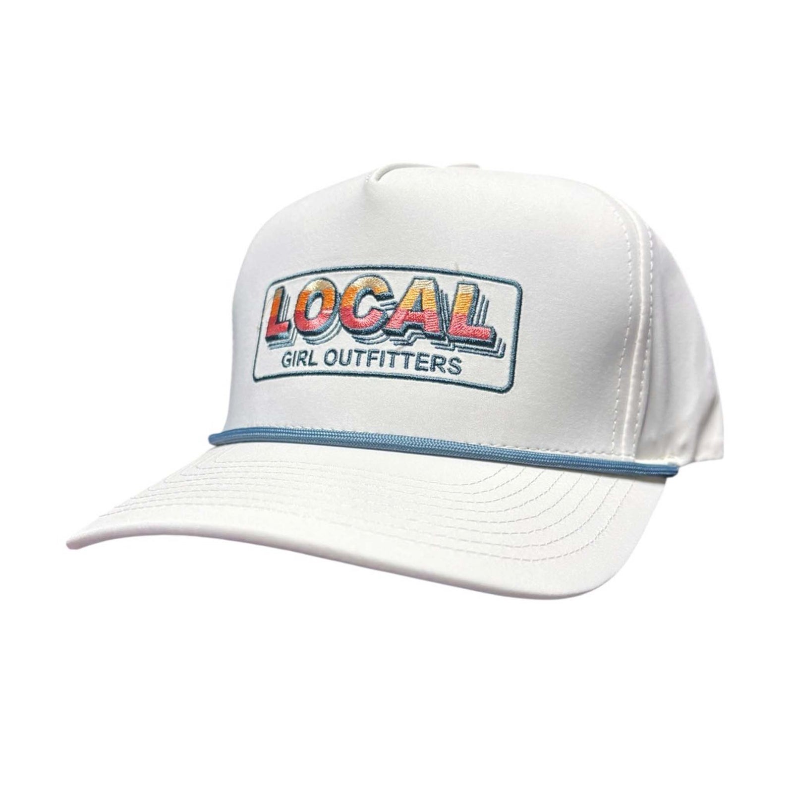 White rope hat with multicolor “Local Girl Outfitters” text patch and light blue trim across the brim.