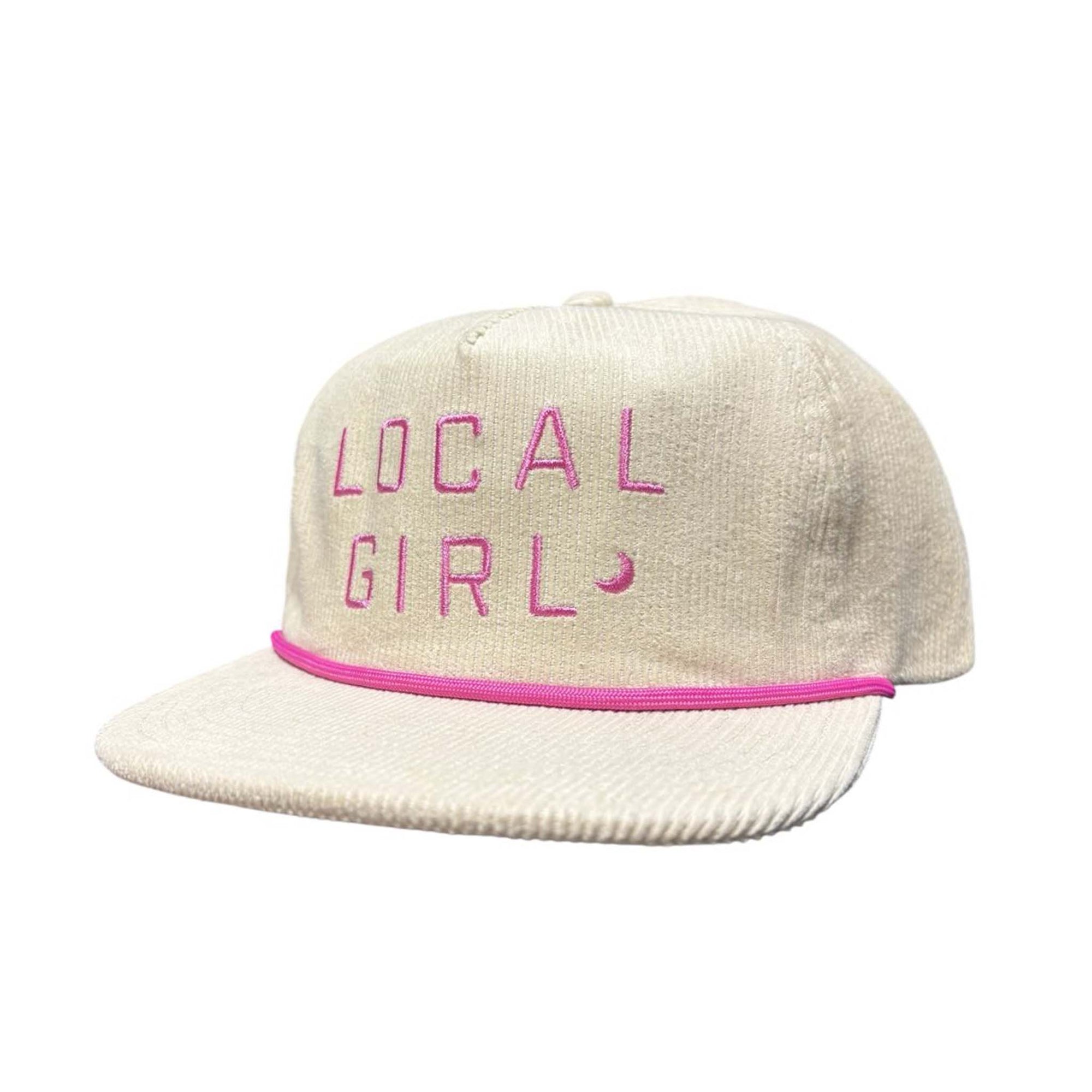 Full view of Local Girl Outfitters cream corduroy hat with pink embroidered “Local Girl” text and pink rope accent across the brim.