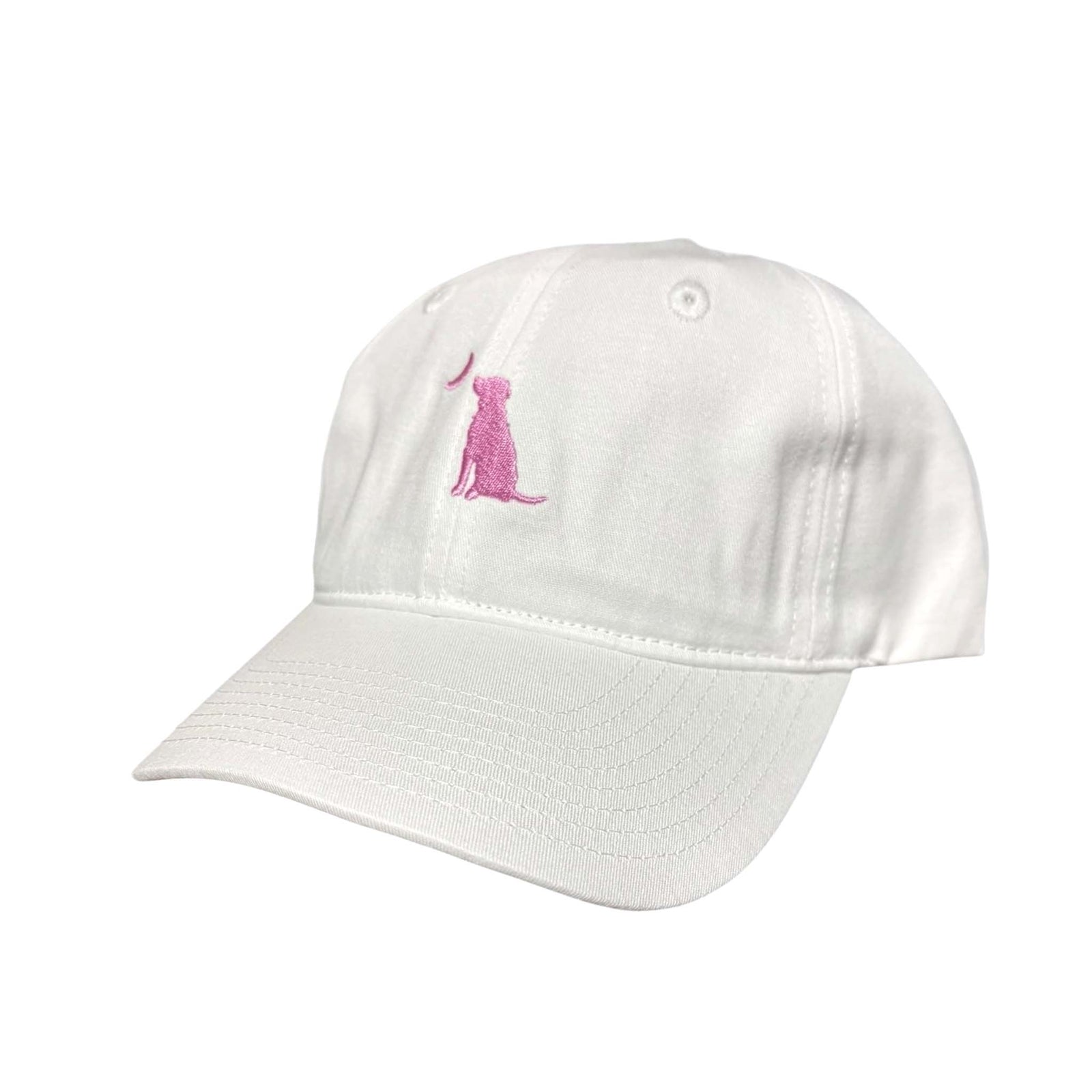 Local Girl Outfitters white baseball cap with pink embroidered dog logo on the front.