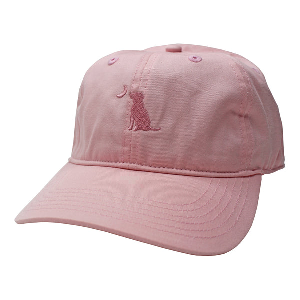 Local Girl Outfitters light pink baseball cap with embroidered dog and moon logo on front and curved brim.