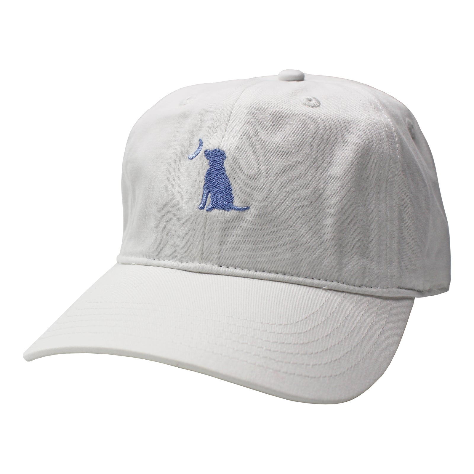 Local Girl Outfitters white baseball cap with blue embroidered dog and moon logo and curved brim.
