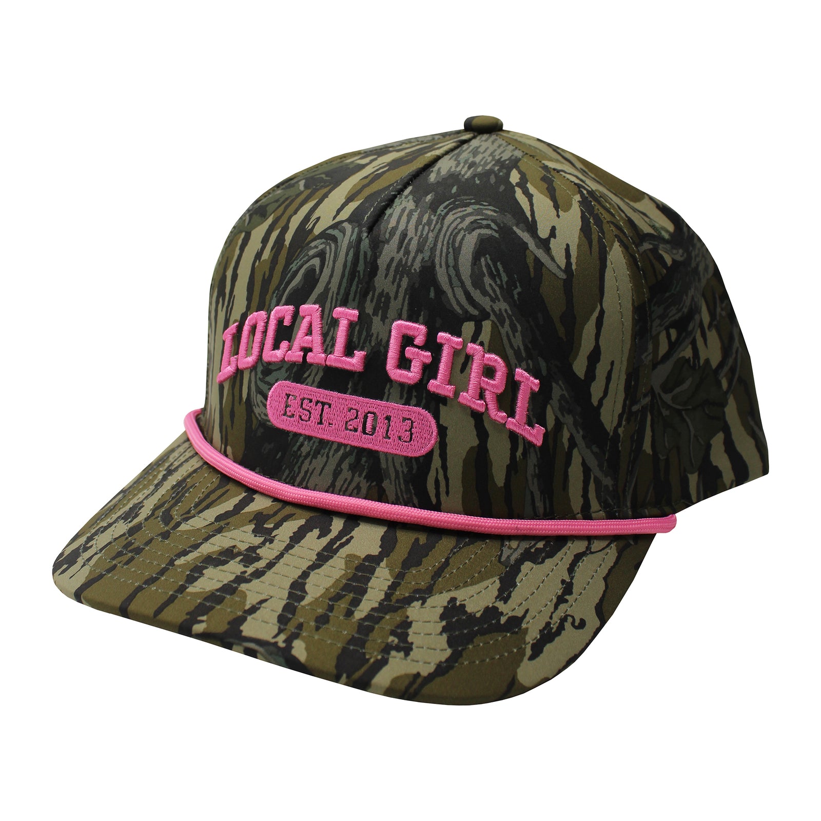 Women’s Pink Logo and Treestand Camo Hat with raised pink “Local Girl Est. 2013” embroidery and pink rope detail on curved brim.