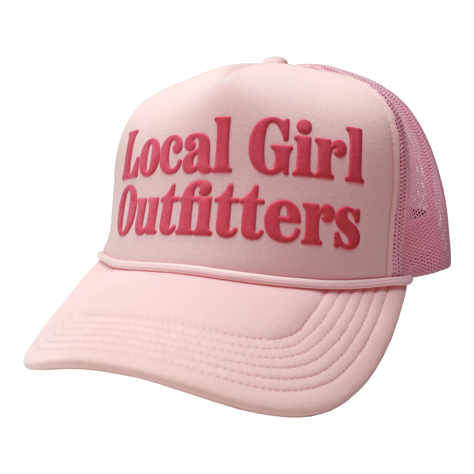 Women’s Pink on Pink Rope Trucker Hat with raised Local Girl Outfitters embroidery, curved brim, pink rope detail, and mesh back.