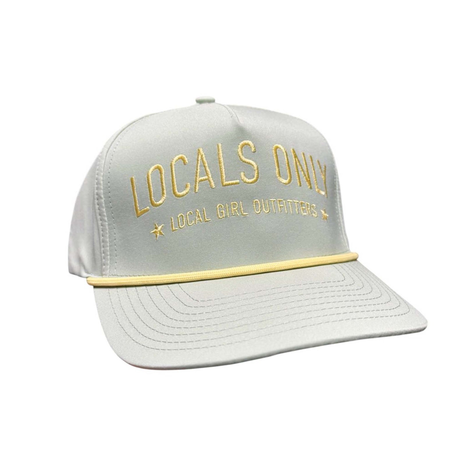 Light green rope hat with “Locals Only” and “Local Girl Outfitters” embroidered in soft yellow and matching yellow rope trim across the brim.