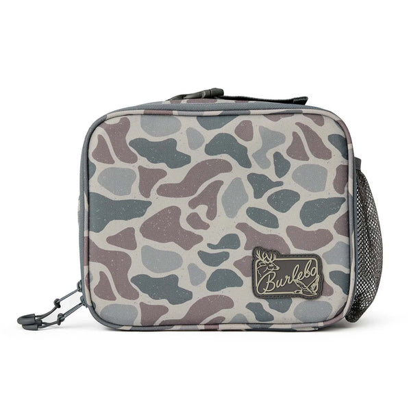 Burlebo lunchbox in classic deer camo shown closed with a front view, Burlebo deer logo patch on lower right corner. Camo pattern is a variety of shades of brown and gray.