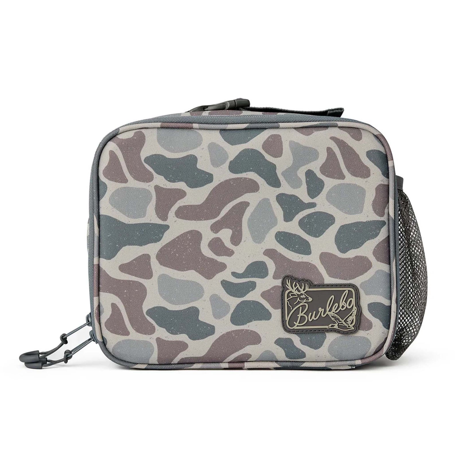Burlebo lunchbox in classic deer camo shown closed with a front view, Burlebo deer logo patch on lower right corner. Camo pattern is a variety of shades of brown and gray.