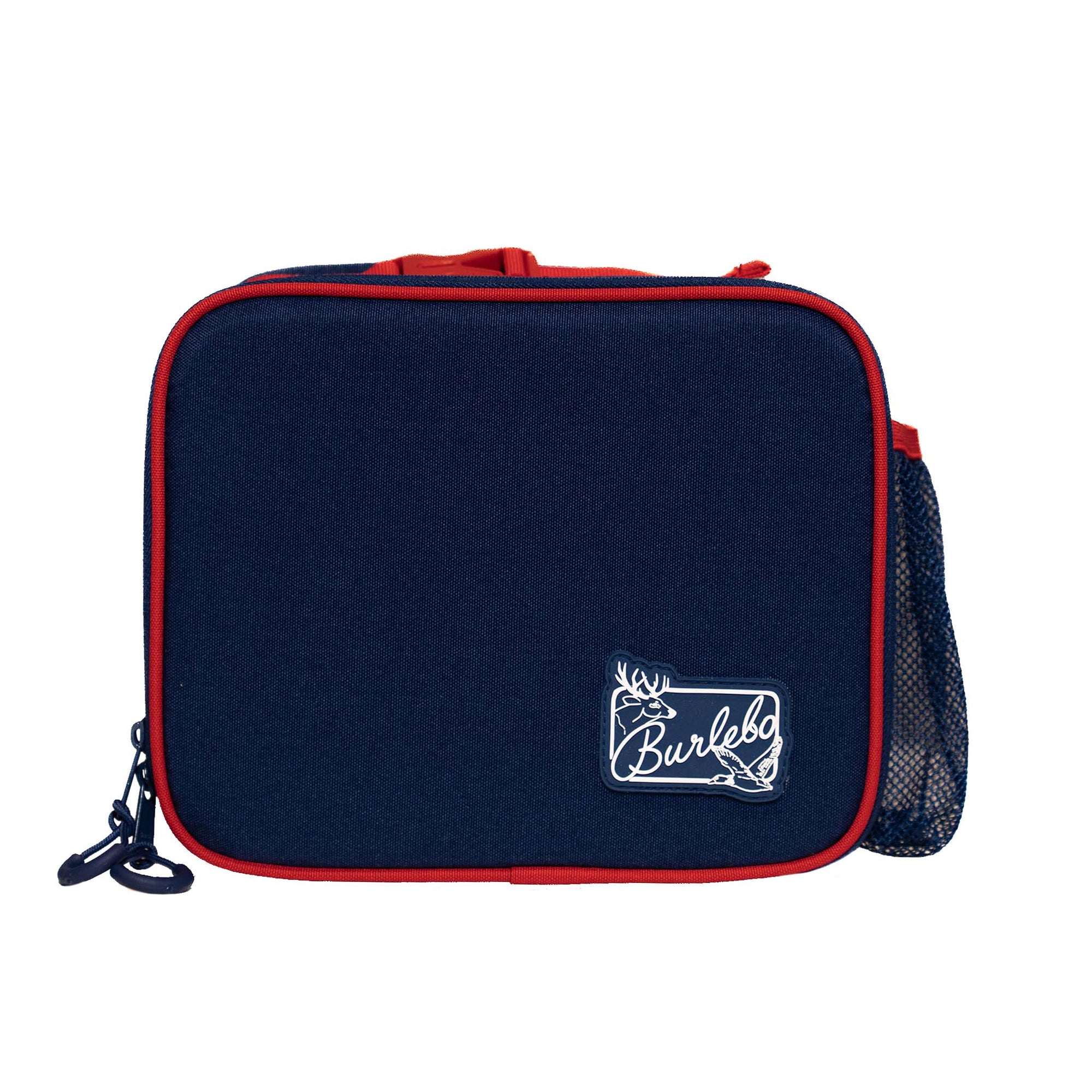 Burlebo lunchbox in patriotic colorblock with solid navy body, red trim, and mesh drink holder. White outlined Burlebo deer logo on lower front corner.
