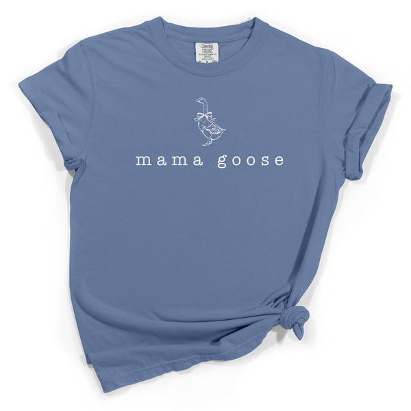 Blue t-shirt with 'mama goose' text and graphic on a white background