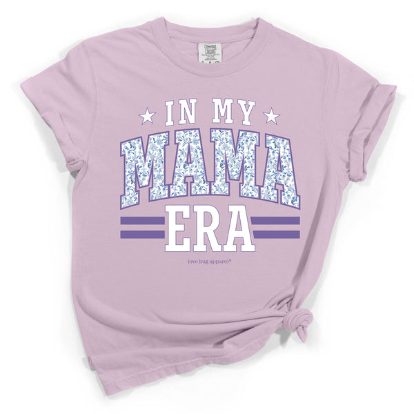 Purple t-shirt with 'In My Mama Era' text on a white background