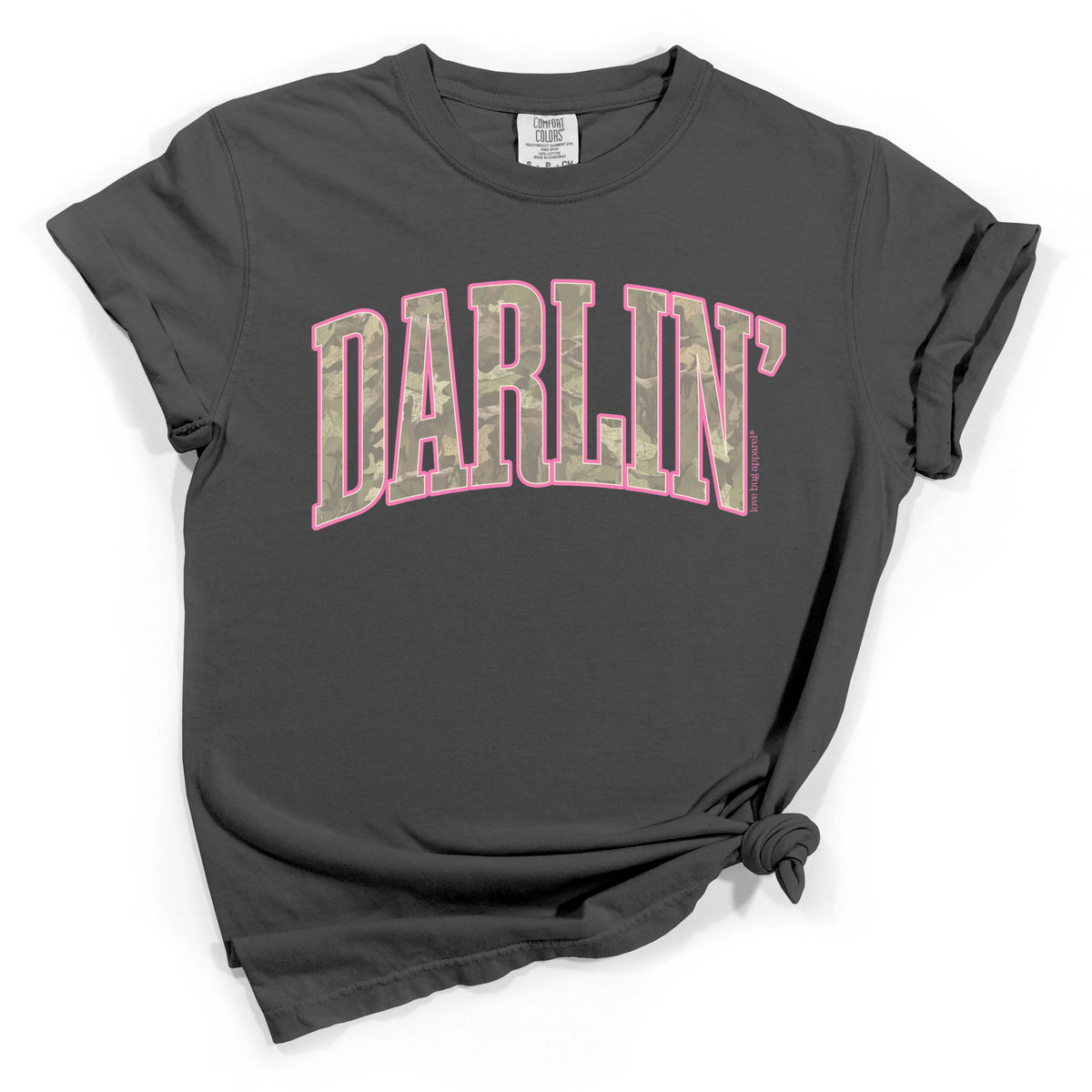 Gray t-shirt with 'Darlin'' text in pink on a white background