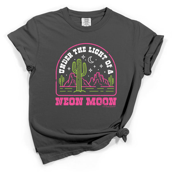 Gray t-shirt with a graphic design of a cactus and text 'Under the Light of a Neon Moon' on a white background