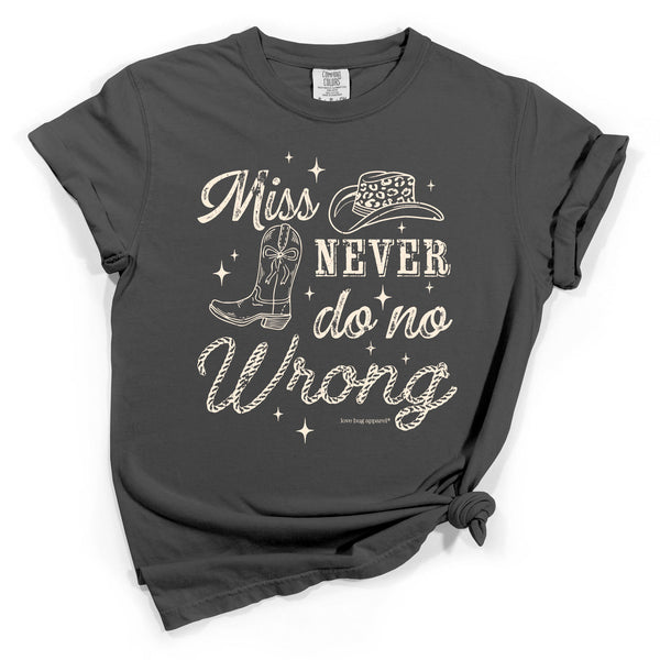 Gray t-shirt with white text that says "Miss Never do no Wrong" and graphics on a white background