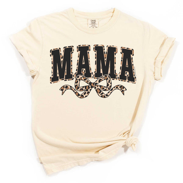 Beige t-shirt with 'MAMA' text and leopard print design on a white background