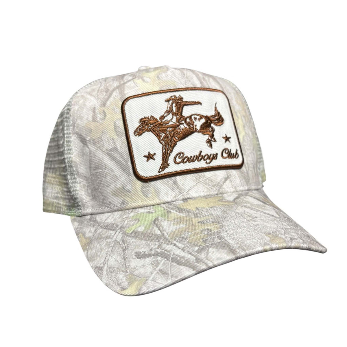 Beige camo trucker hat with embroidered cowboy riding design and “Cowboy Club” text on the patch.