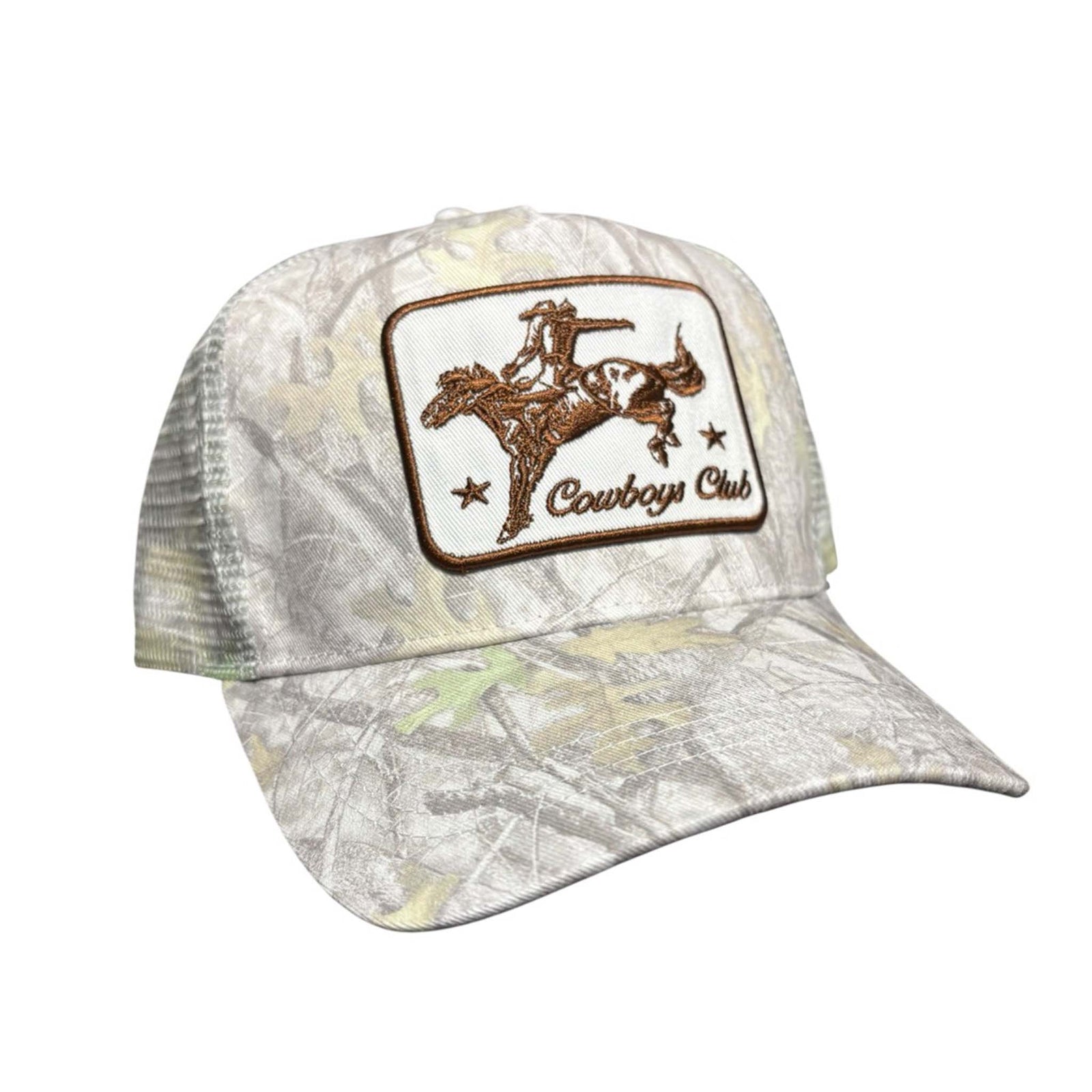 Beige camo trucker hat with embroidered cowboy riding design and “Cowboy Club” text on the patch.