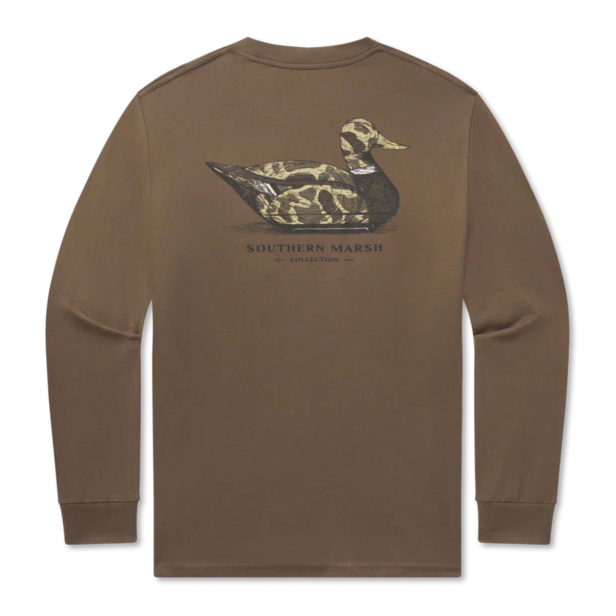 Brown long-sleeve shirt with duck graphic and 'Southern Marsh' text on a white background