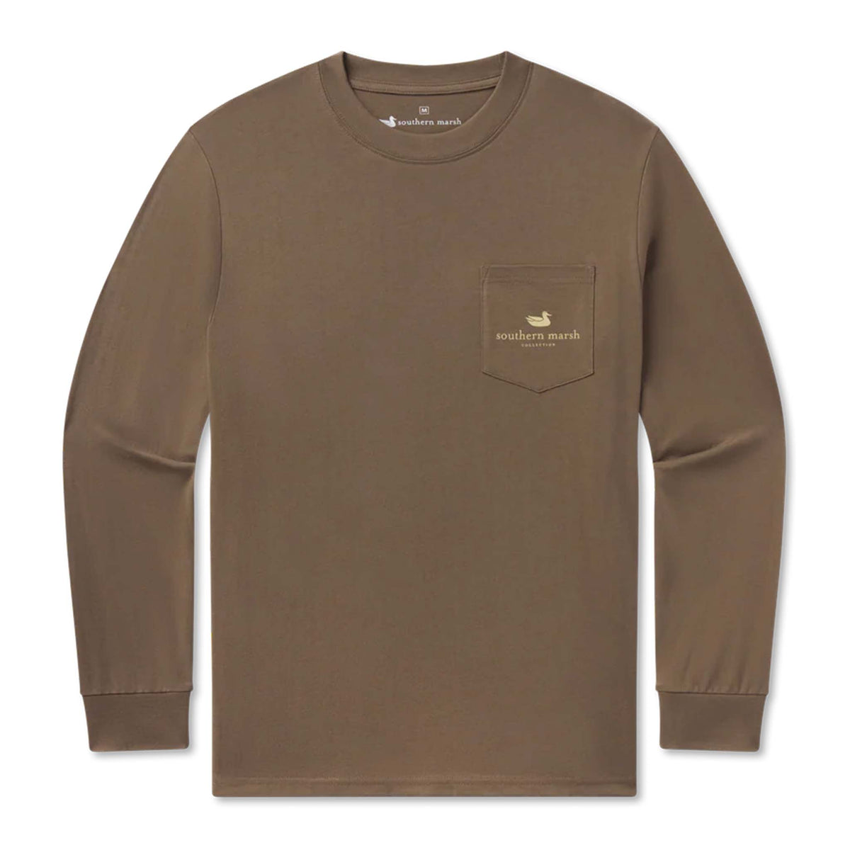 Brown long-sleeve shirt with a pocket and logo on a white background