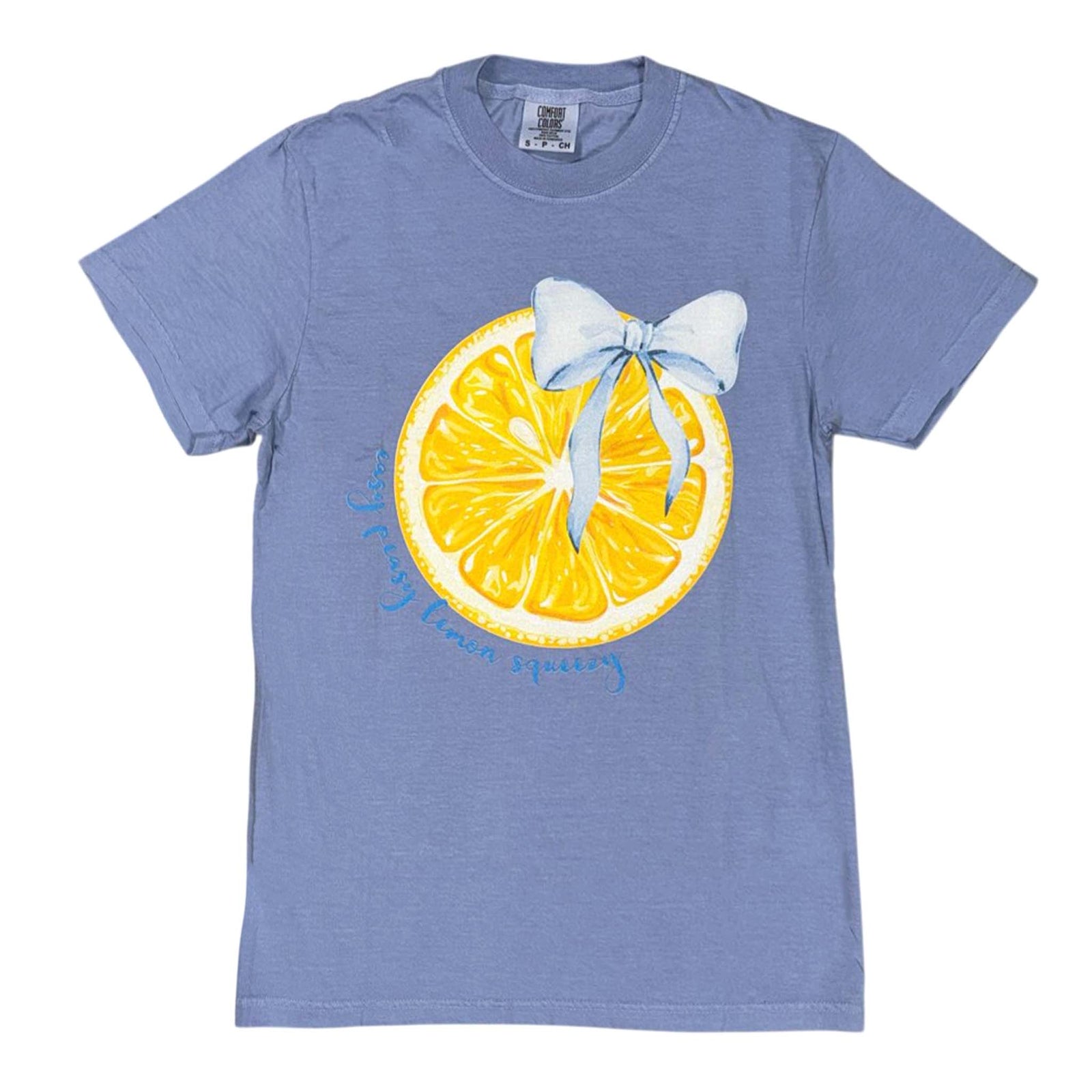 Blue t-shirt with a lemon slice and bow graphic on a white background