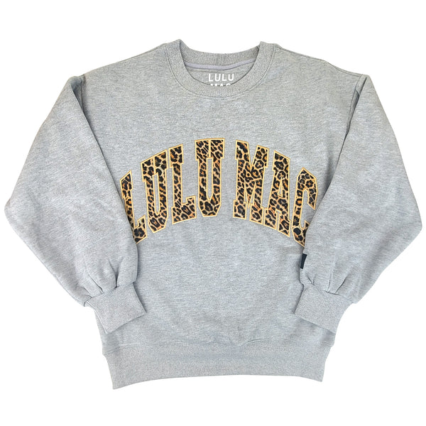 Lulu Mac Leopard Embroidered Crew in Heather Gray