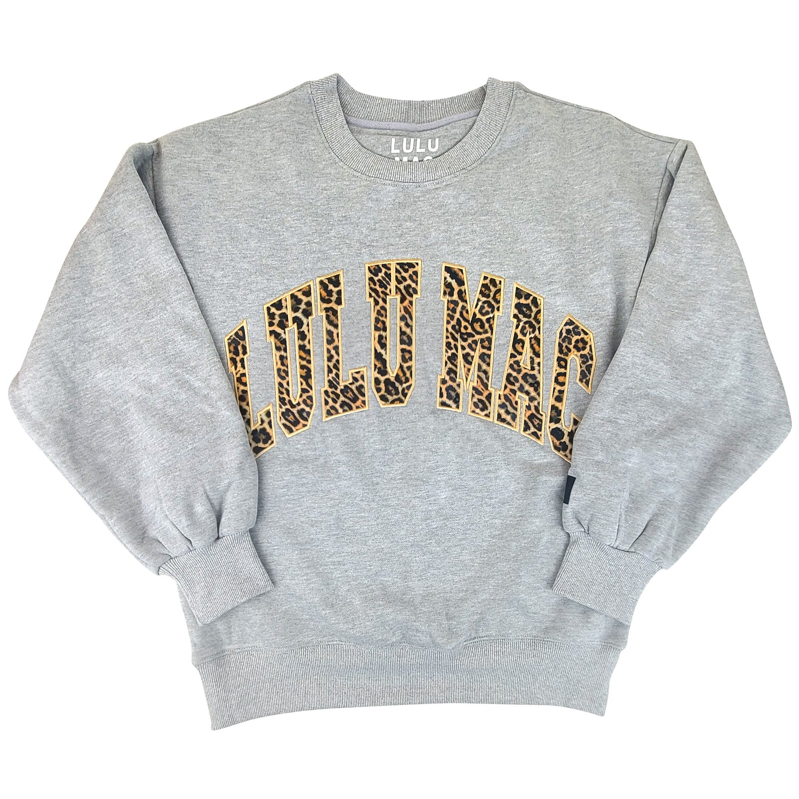Lulu Mac Leopard Embroidered Crew in Heather Gray