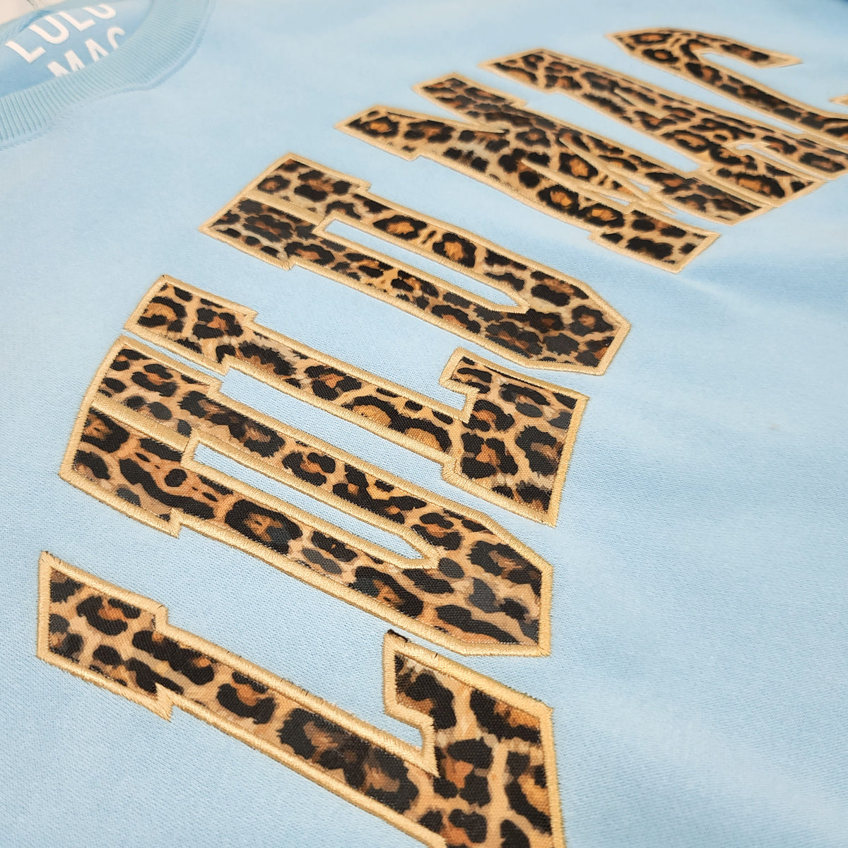 Light blue sweatshirt with leopard print text design on a light blue background