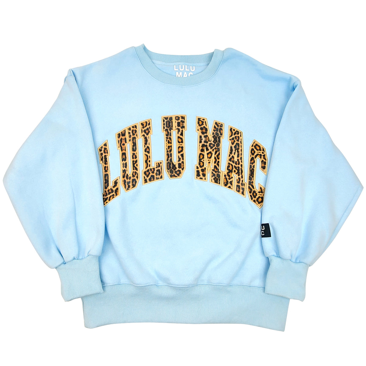 Light blue sweatshirt with leopard print text on a white background