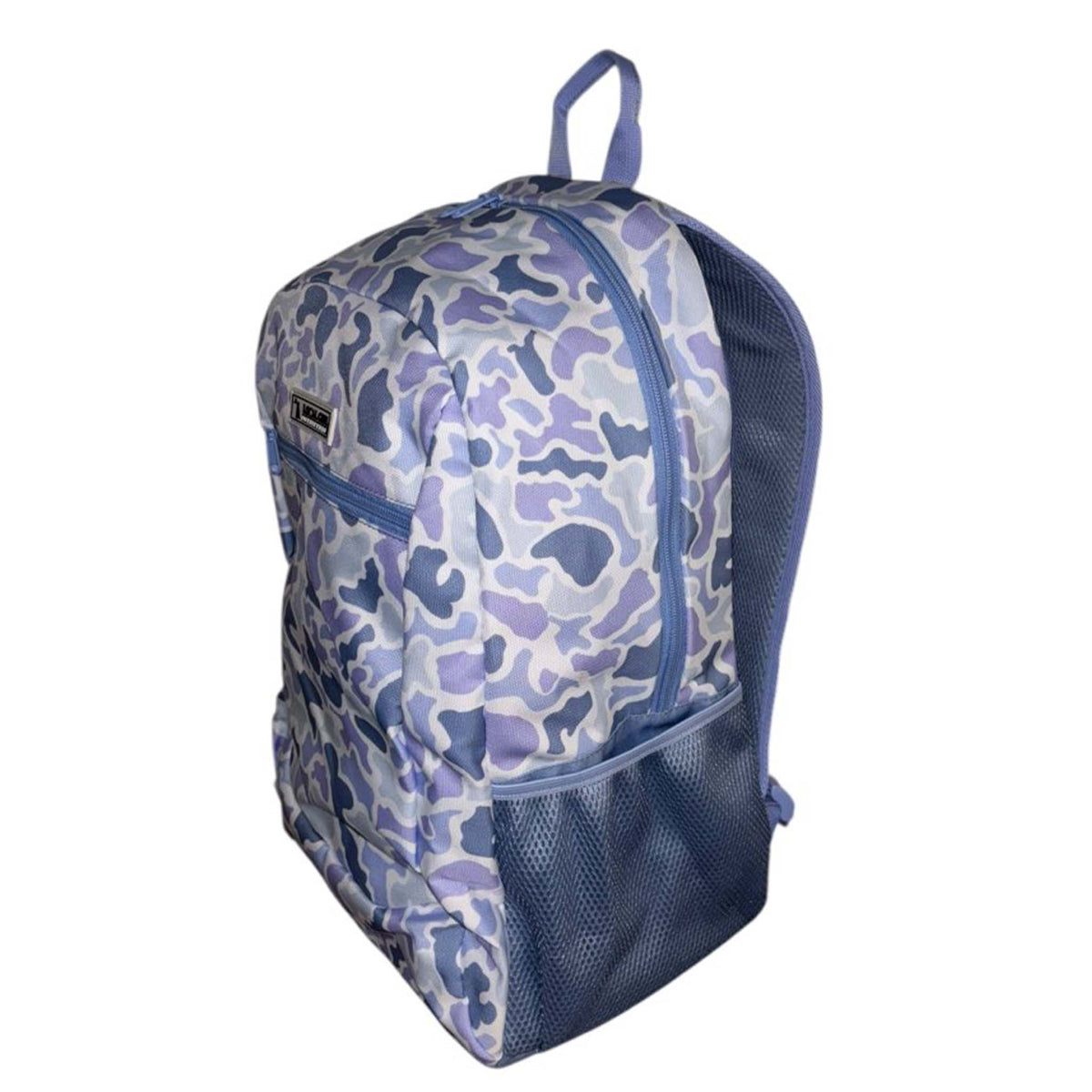 Angled front view of the backpack highlighting dual mesh pockets and zippered compartments.