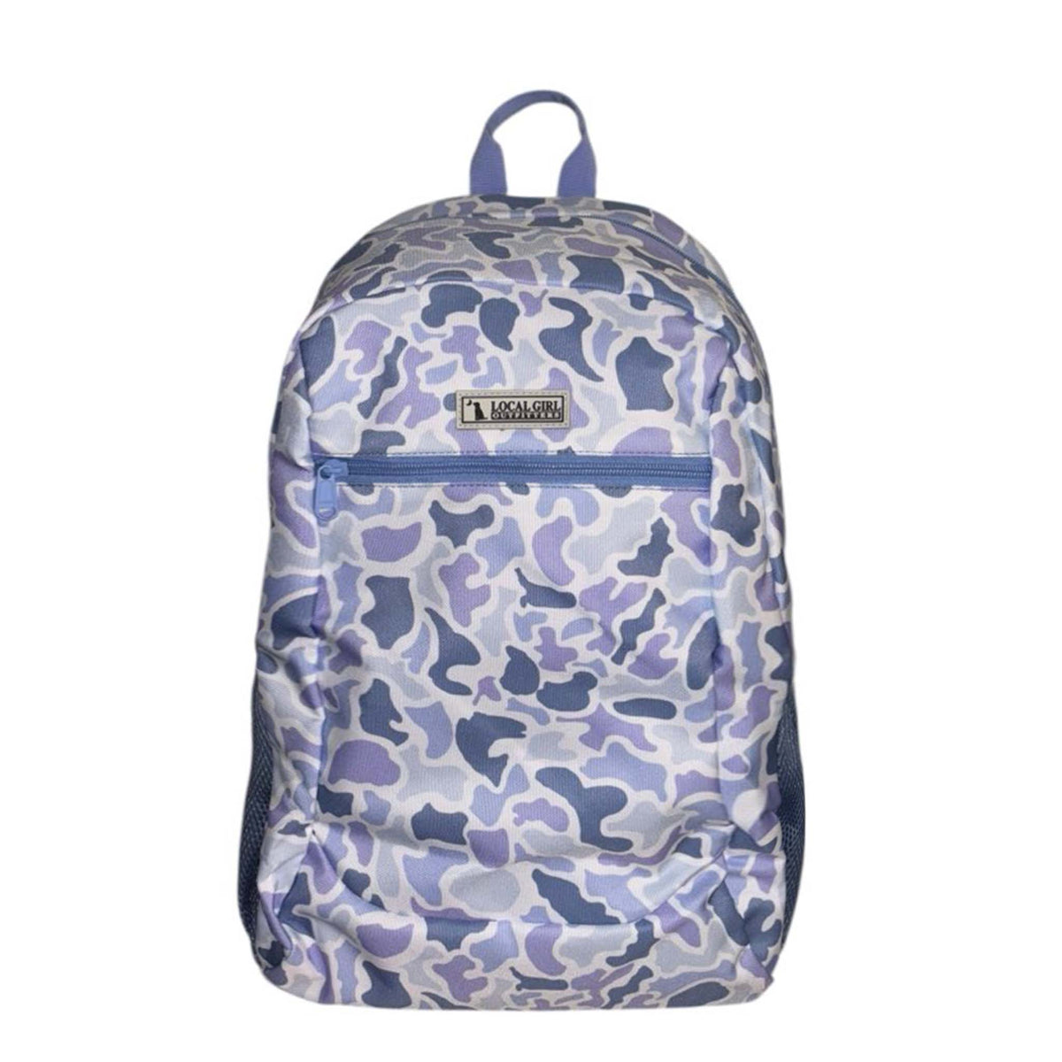 Front view of the hydrangea camo backpack featuring the Local Girl Outfitters logo patch and zippered front pocket.