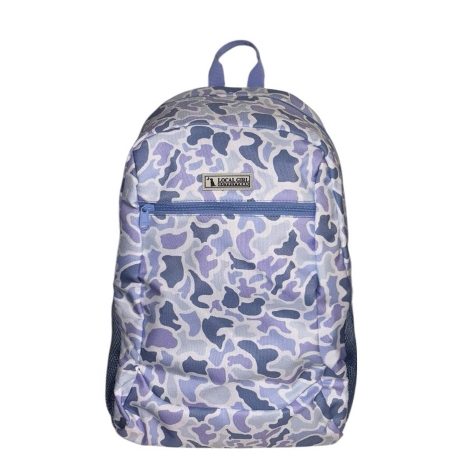 Front view of the hydrangea camo backpack featuring the Local Girl Outfitters logo patch and zippered front pocket.