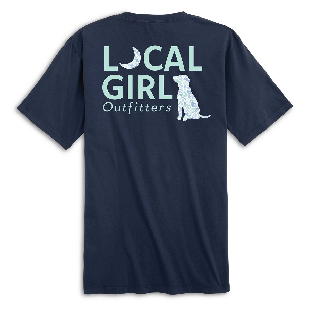 Local Girl Outfitters short sleeve t-shirt in China Blue, sizes S-XXL, 100% cotton. Back features a large aqua logo with a crescent moon in place of the "O" and a camo-print dog silhouette.