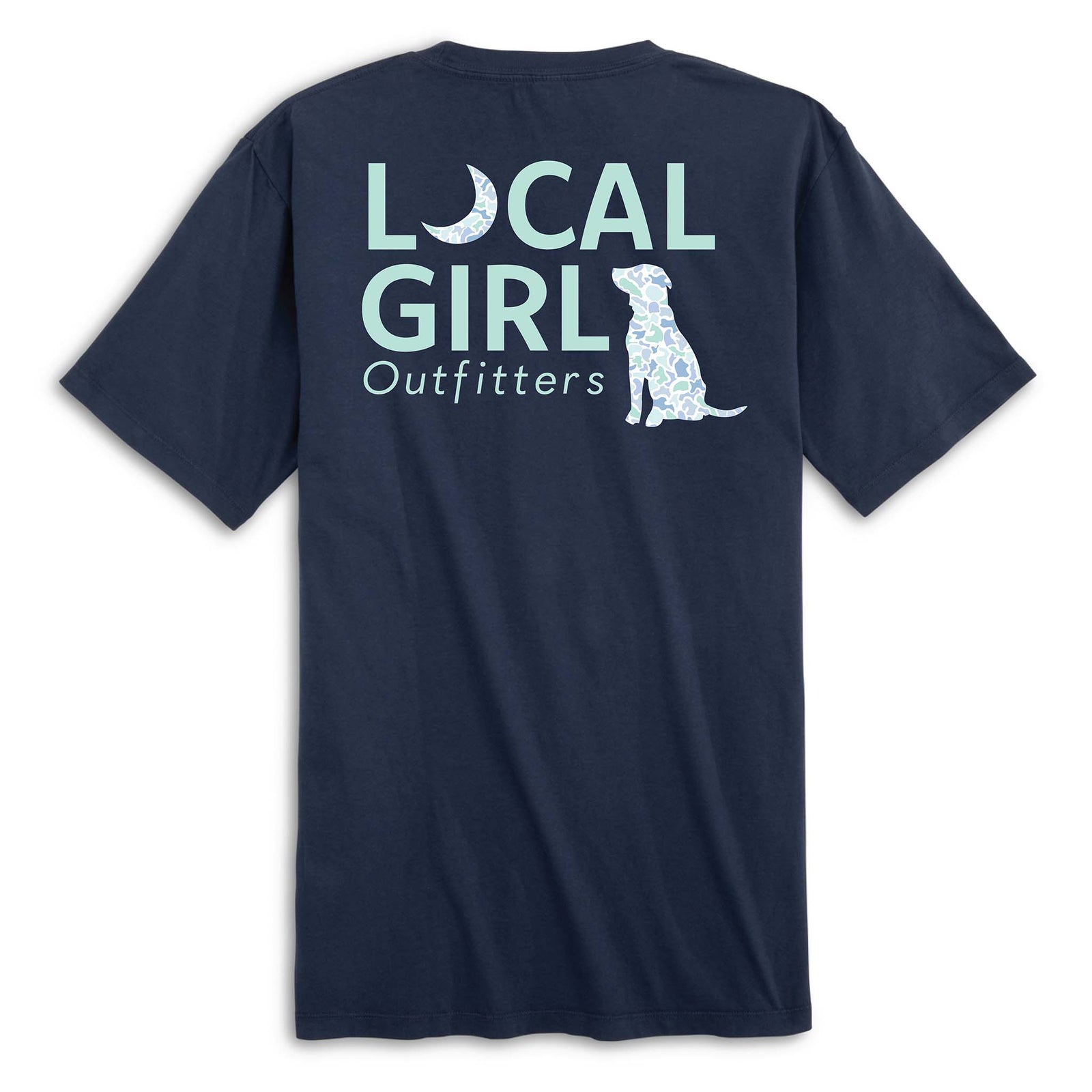 Local Girl Outfitters short sleeve t-shirt in China Blue, sizes S-XXL, 100% cotton. Back features a large aqua logo with a crescent moon in place of the "O" and a camo-print dog silhouette.