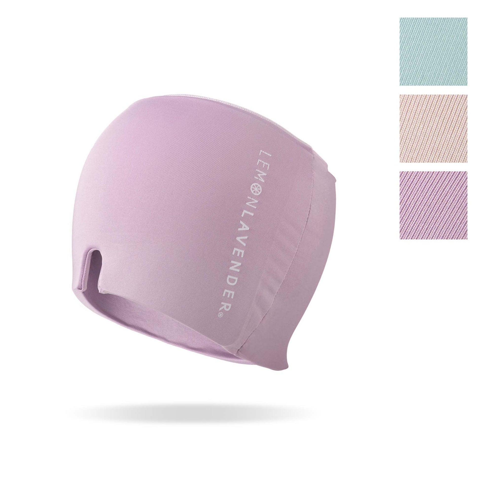 Purple migraine cap with 'Lemon Lavender' branding on a white background