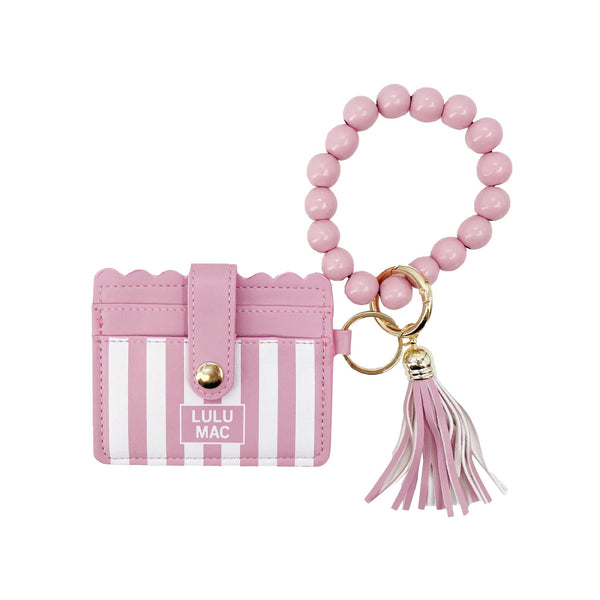 Lulu Mac Beaded Stripe Wristlet in Pink and White Stripe