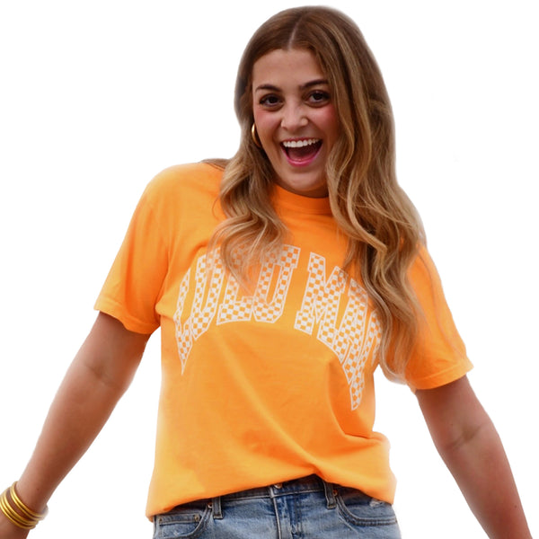 Lulu Mac Checkerboard Short Sleeve T-Shirt in Orange and White