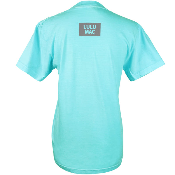 Chalky mint short sleeve t-shirt with 'Lulu Mac' logo on the back against a white background