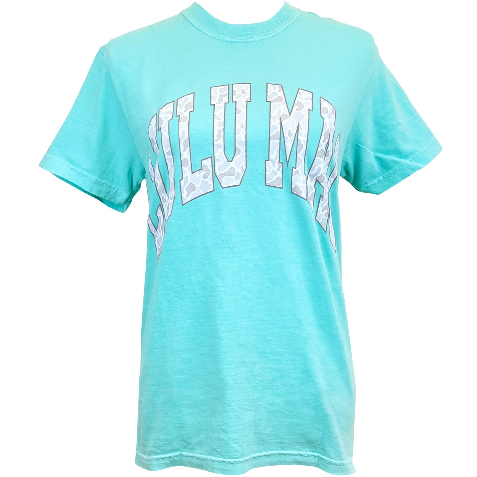 Chalky mint short sleeve t-shirt with 'LULU MAC' in white camo filled text across the chest shown on a white background