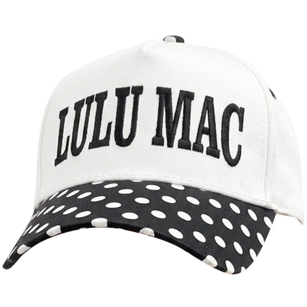 Lulu Mac Embroidered Trucker Hat in Black and White Polka Dot