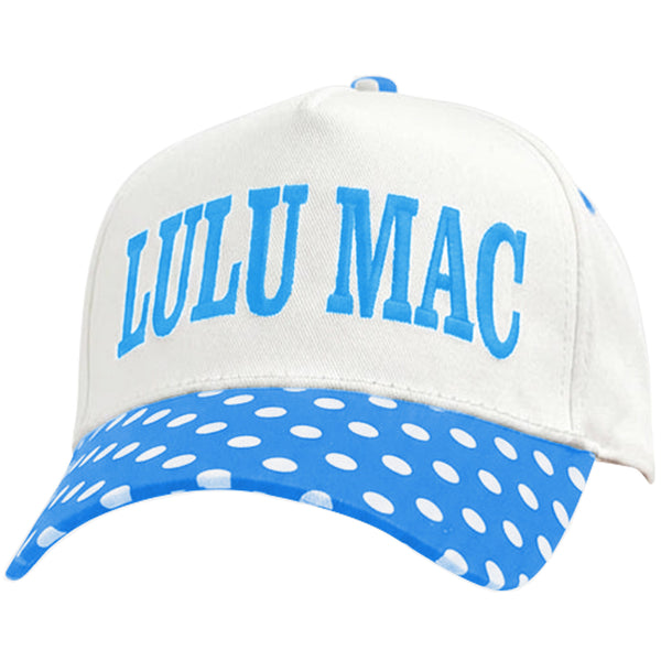 Lulu Mac Embroidered Trucker Hat in Royal Blue and White Polka Dot