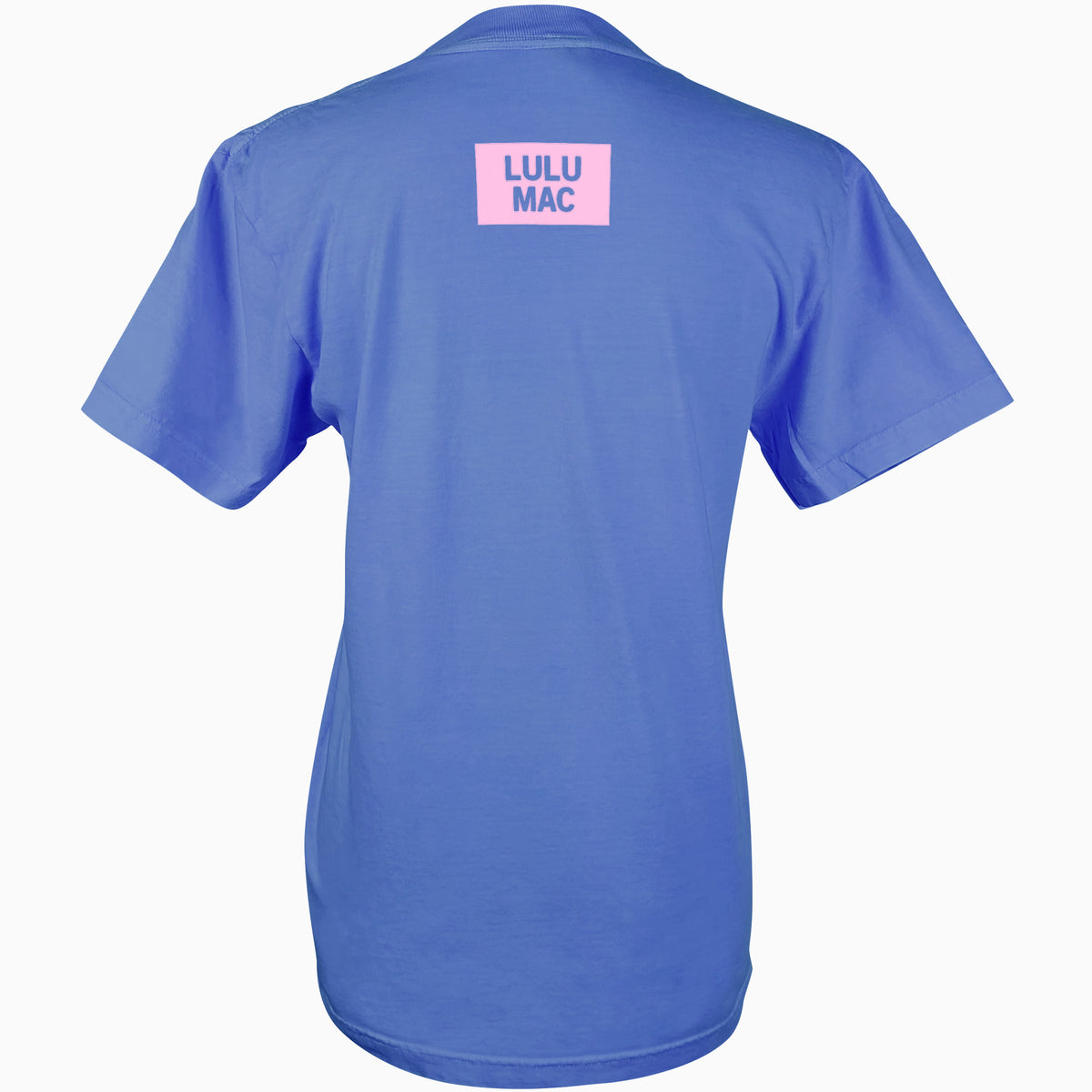 Back view of Lulu Mac flo blue short sleeve t-shirt with small pink Lulu Mac logo printed at the upper back neckline.