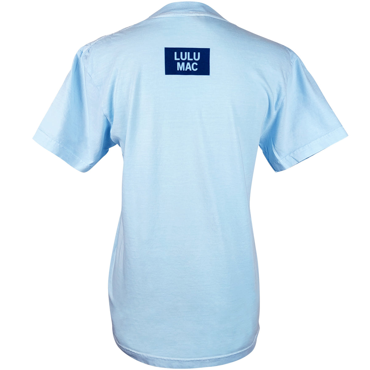 Back view of Lulu Mac chambray blue short sleeve t-shirt with small navy Lulu Mac logo printed at the upper back neckline.
