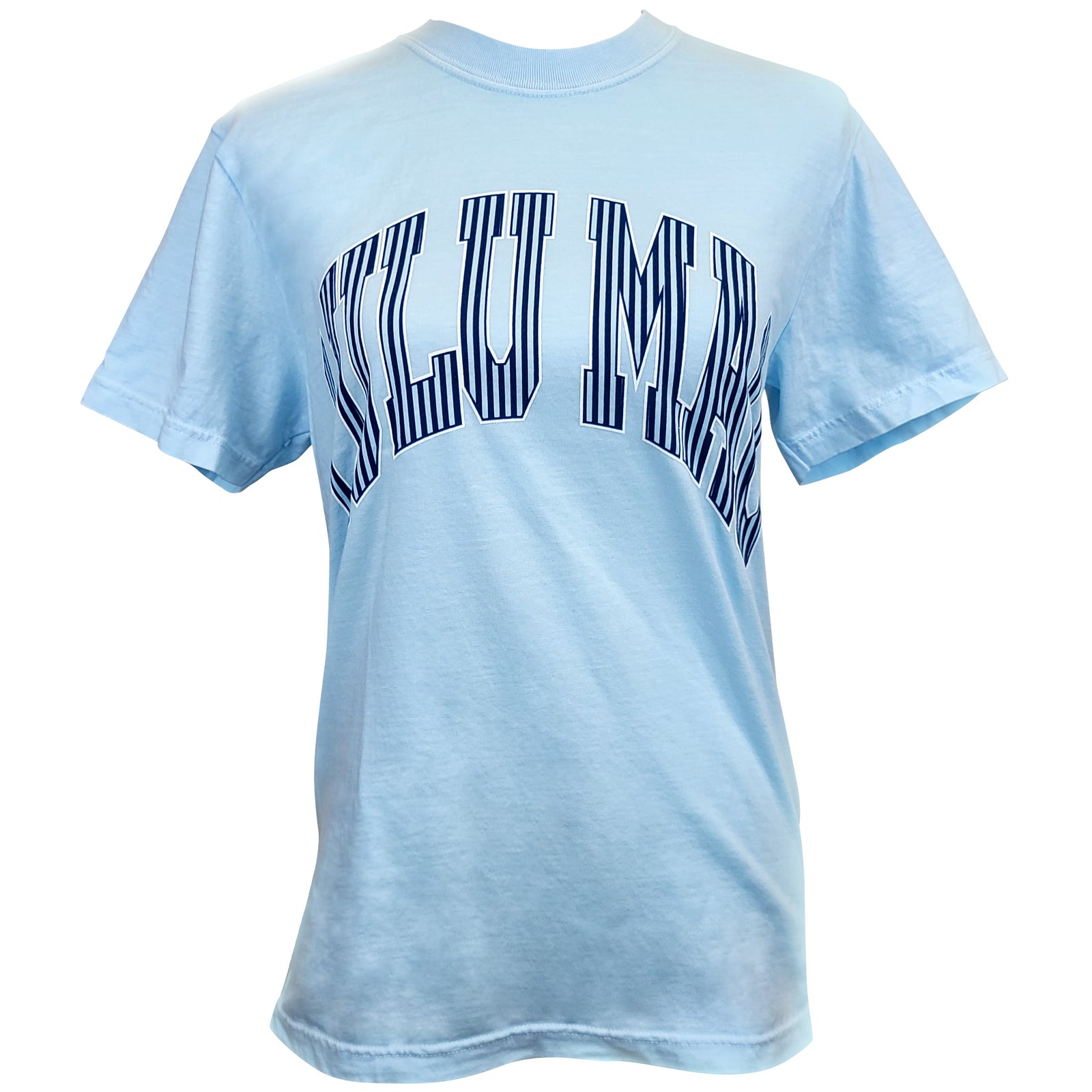 Front view of Lulu Mac chambray blue short sleeve t-shirt with large navy striped “LULU MAC” graphic across the chest.