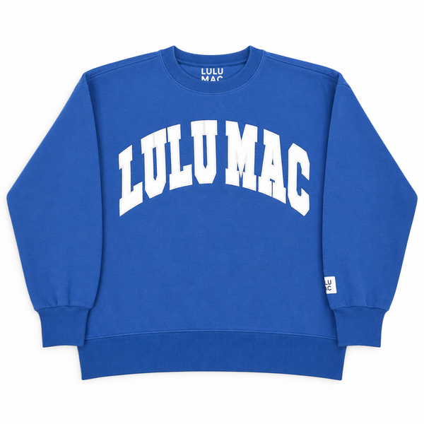 Lulu Mac White Stitched Gameday Crewneck in Royal Blue and White