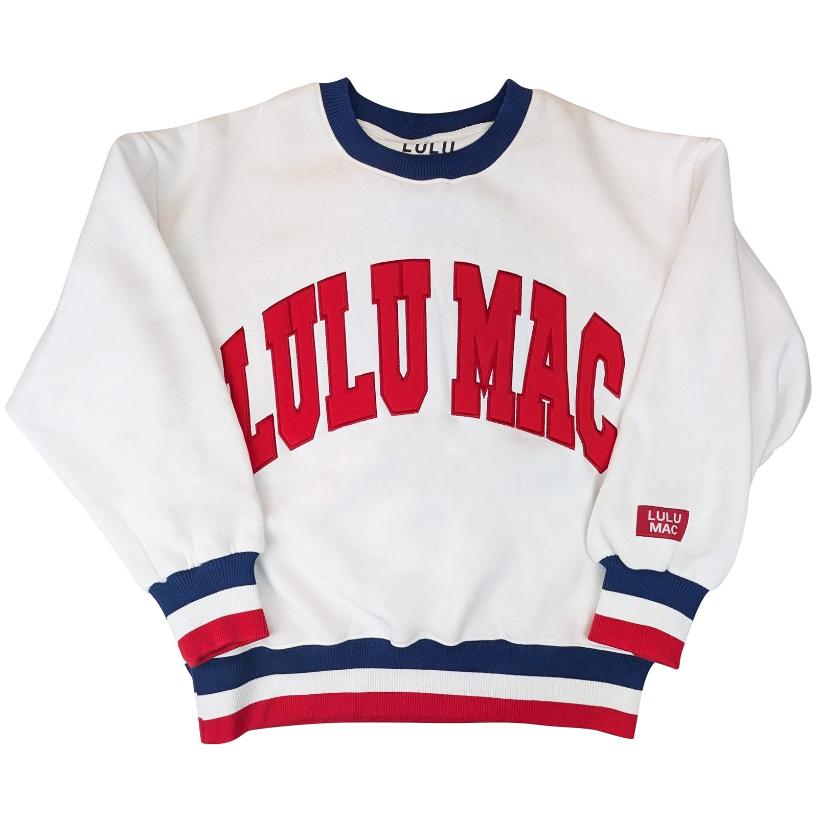 Front view of white Lulu Mac crewneck sweatshirt with large red “LULU MAC” collegiate lettering and red, white, and blue striped ribbed trim.