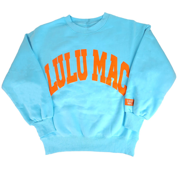 Lulu Mac Puff Crewneck Sweatshirt in Light Blue and Orange