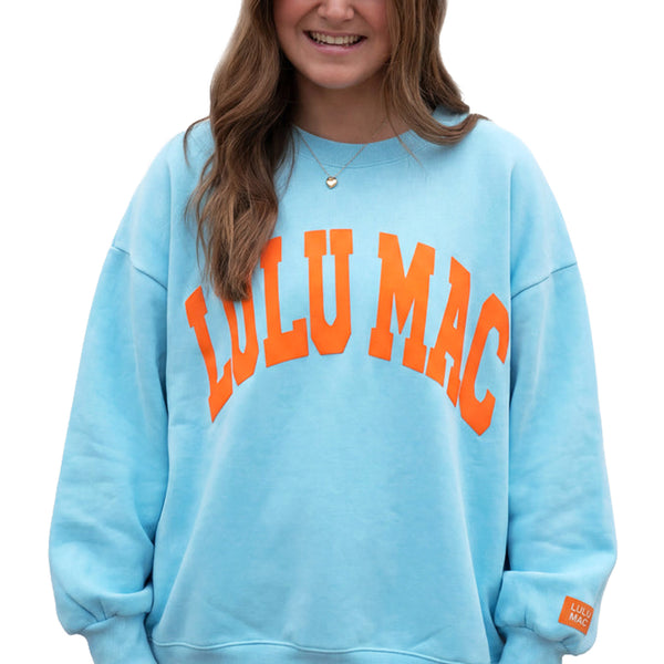Lulu Mac Puff Crewneck Sweatshirt in Light Blue and Orange
