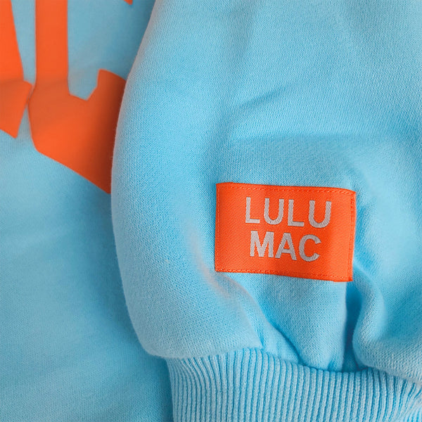 Lulu Mac Puff Crewneck Sweatshirt in Light Blue and Orange