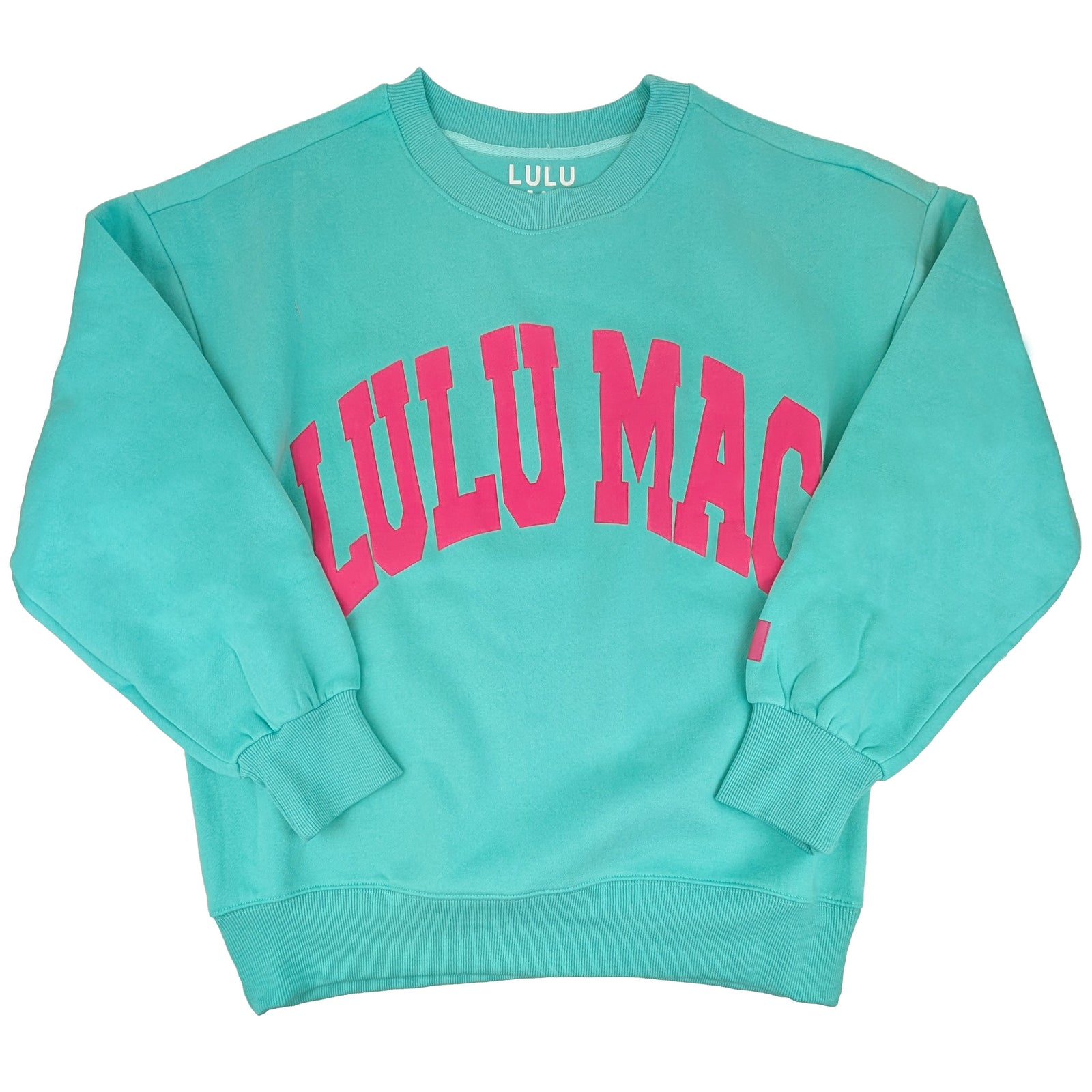 Lulu Mac Puff Crewneck Sweatshirt in Mint and Hot Pink