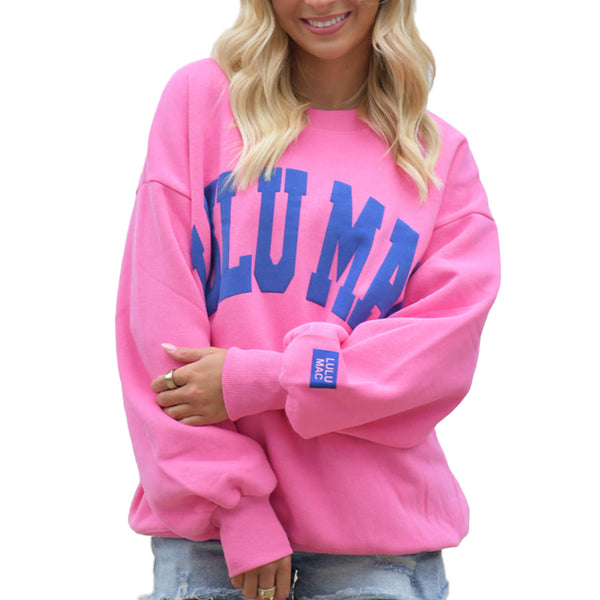 Lulu Mac Puff Crewneck Sweatshirt in Pink and Royal Blue