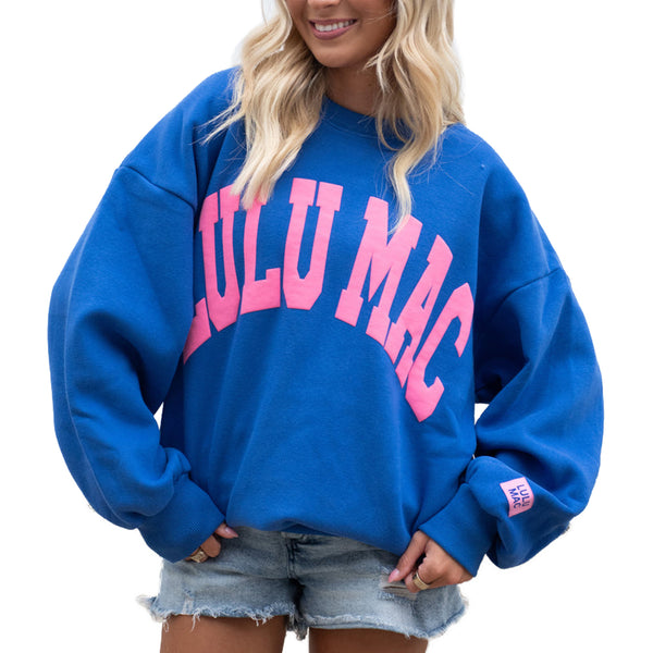 Lulu Mac Puff Crewneck Sweatshirt in Royal Blue and Pink